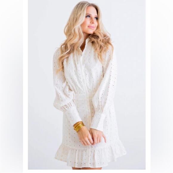 Karlie Ivory Embroidered Eyelet Balloon Sleeve Shirt Mini Dress Small - Picture 15 of 15